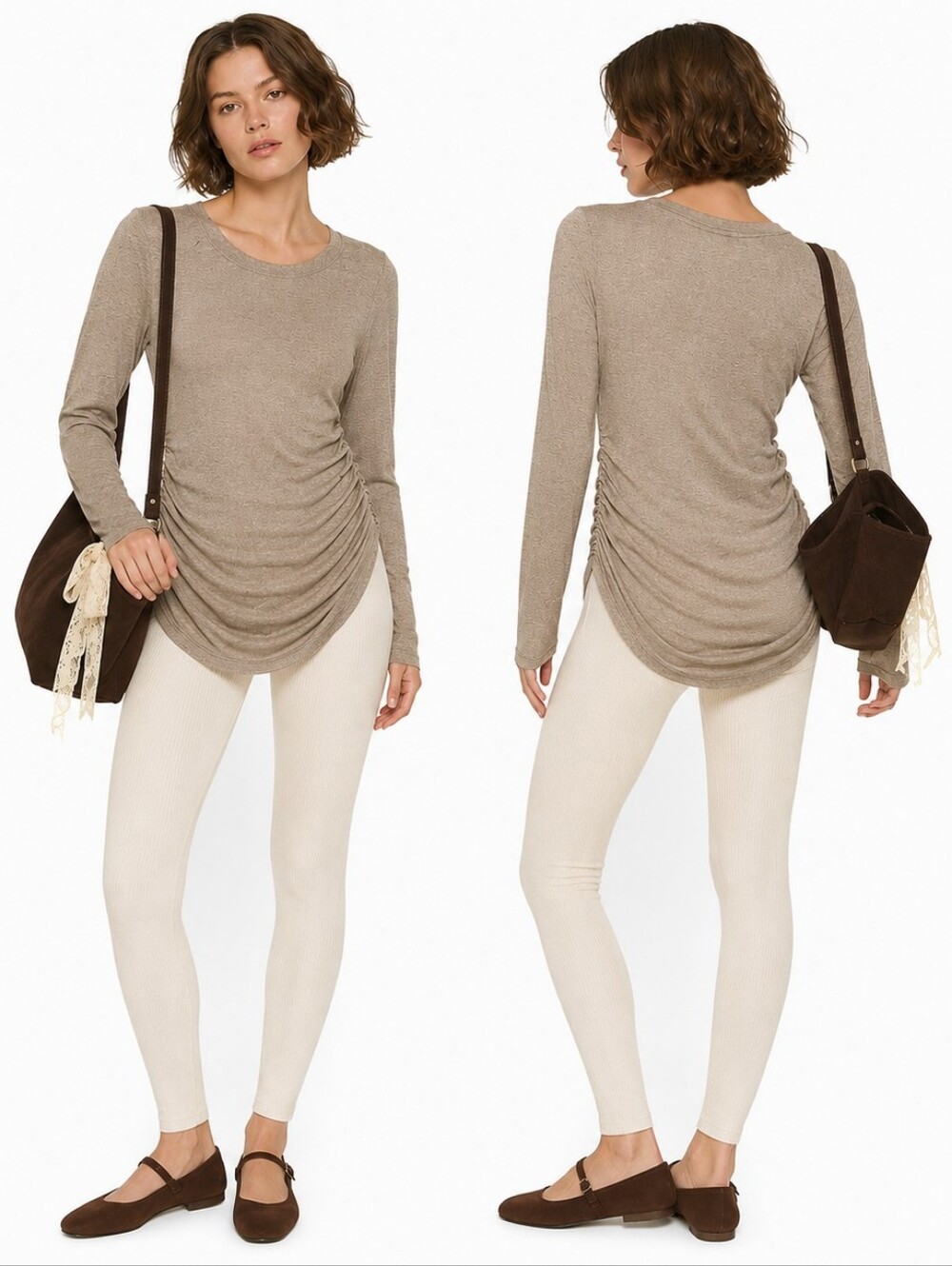 NWT Poof New York Warm Taupe Eggwhite Ruched Long Sleeve Sweater Top Soft Knit